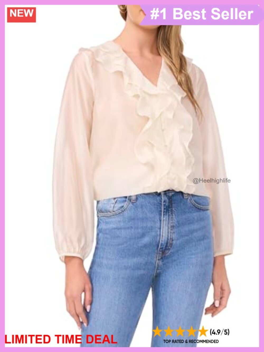 Tencel Ruffle Front Long Sleeve Blouse Square Neck Women's Top